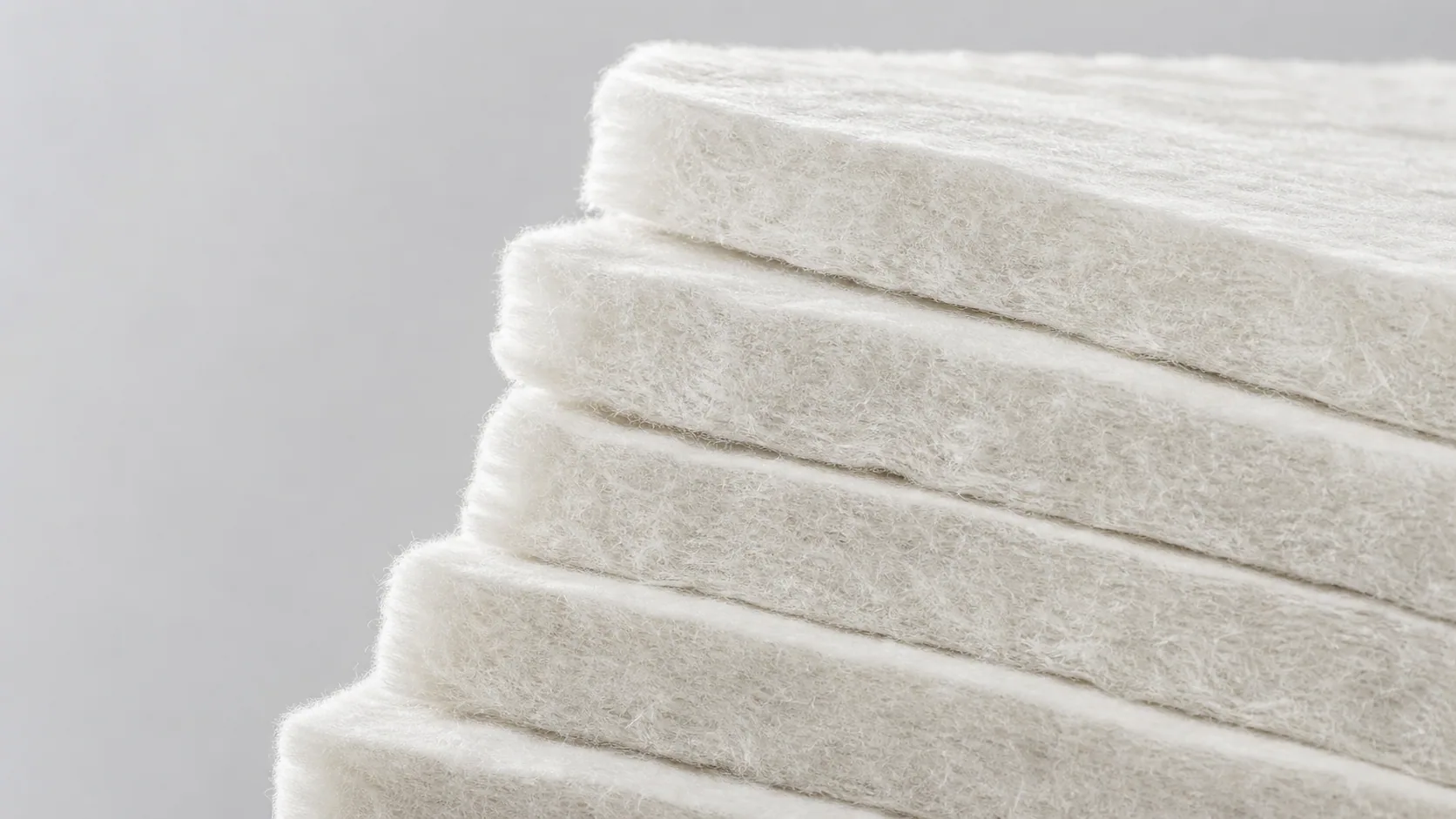 Stacked white polyester fibre acoustic insulation batts