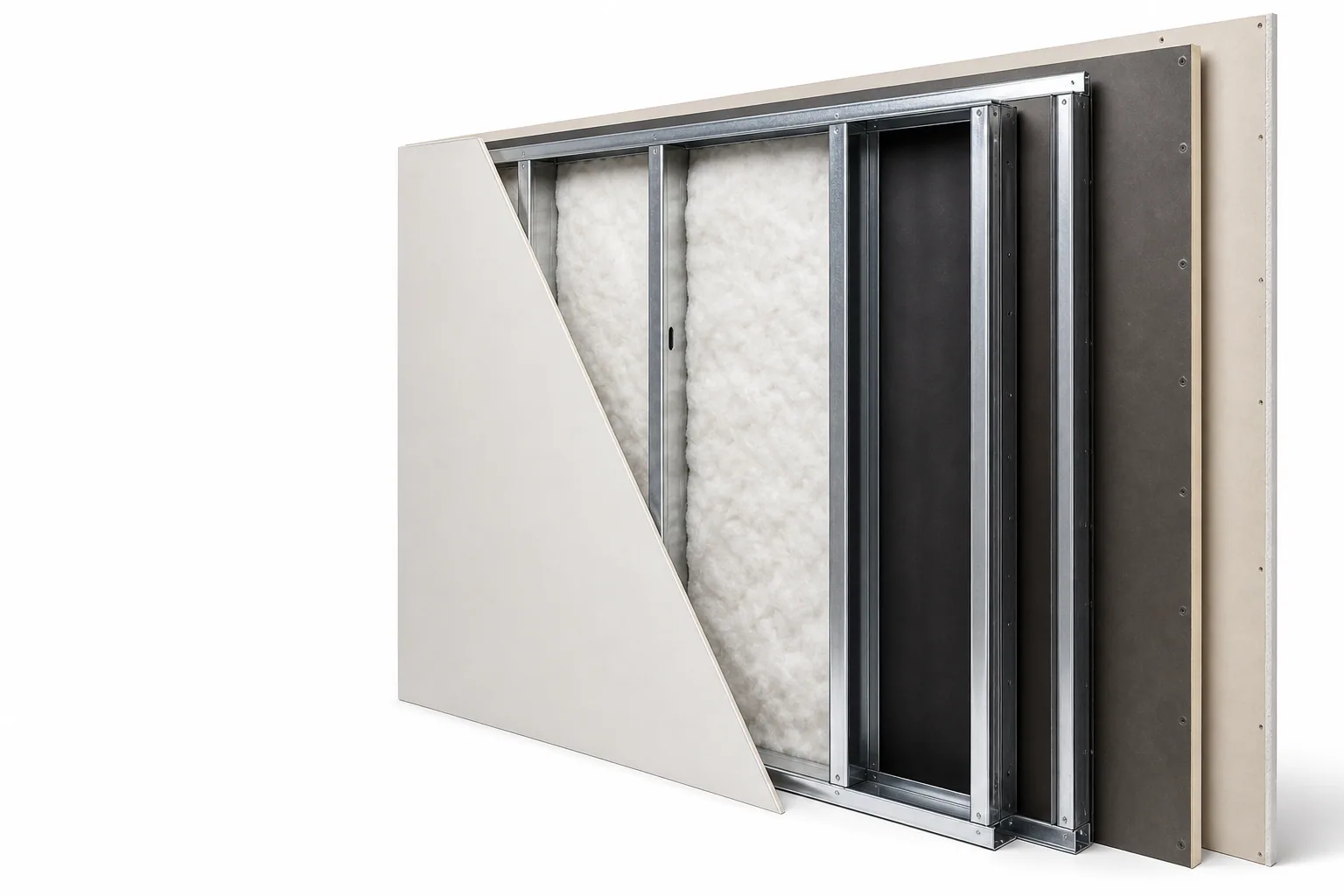 Typical wall assembly cutaway with polyester fibre acoustic insulation