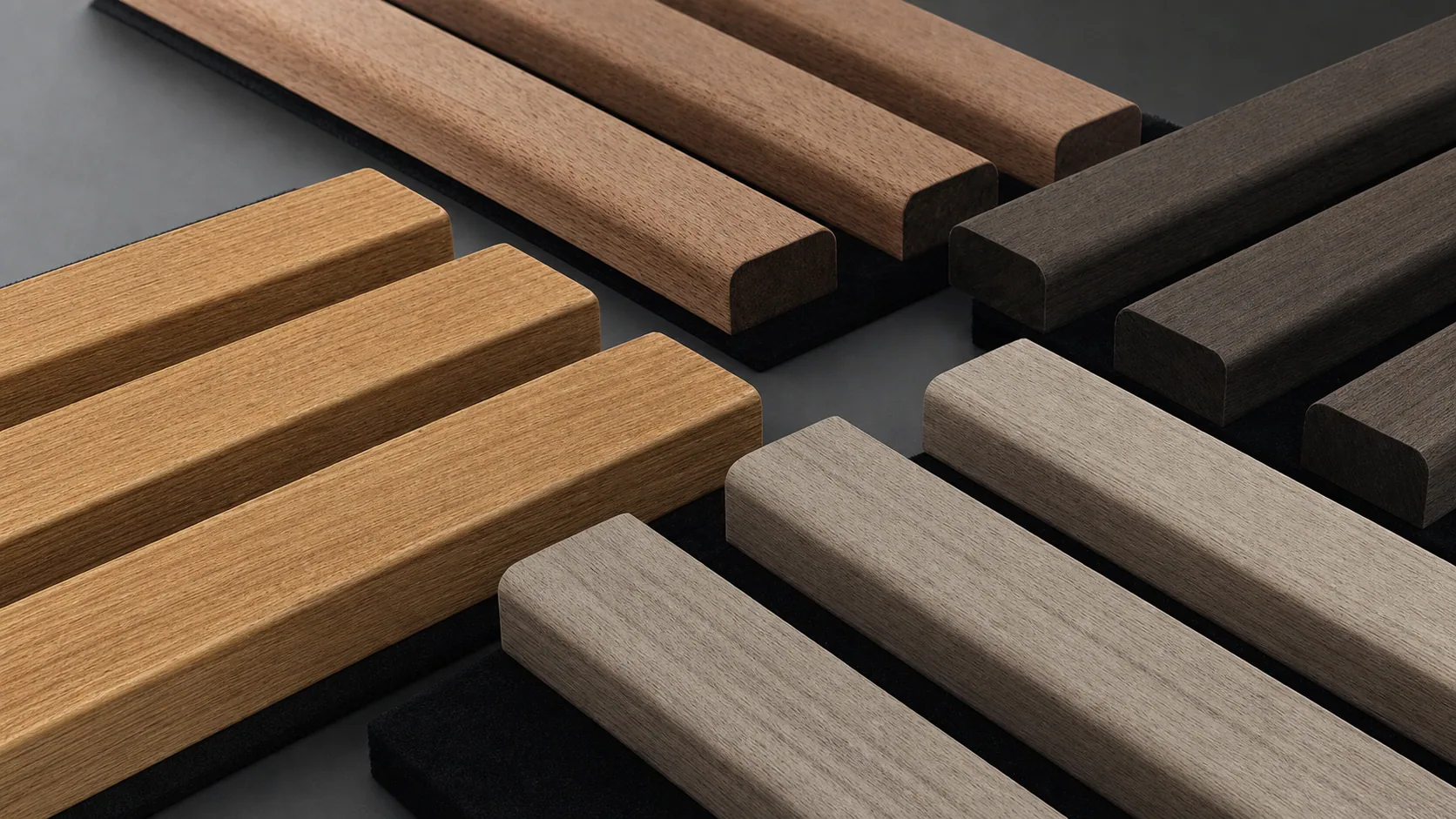 Wood acoustic grille samples with rounded timber profiles and black acoustic backing
