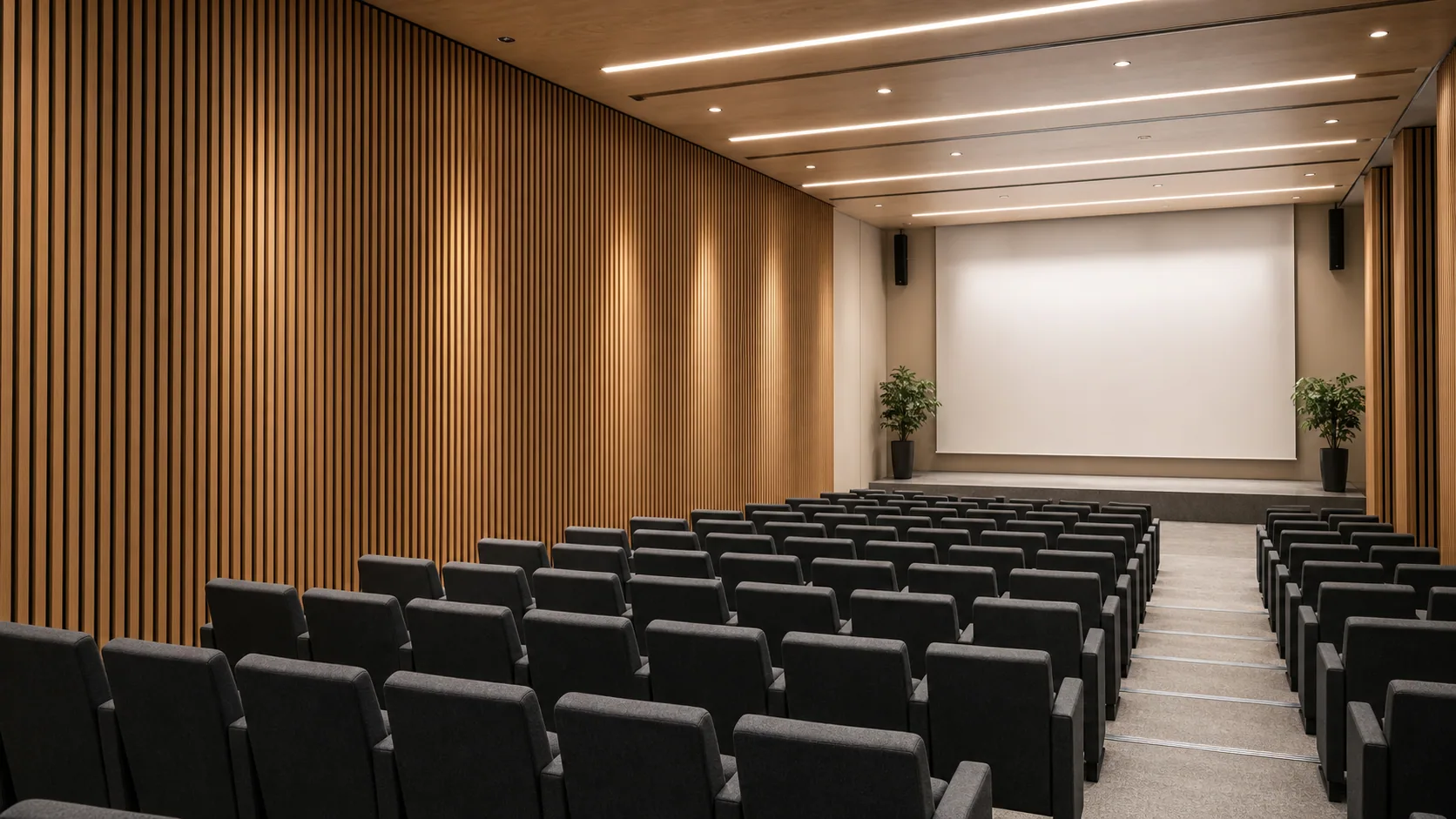 Conference hall with grooved timber acoustic panels across the side walls