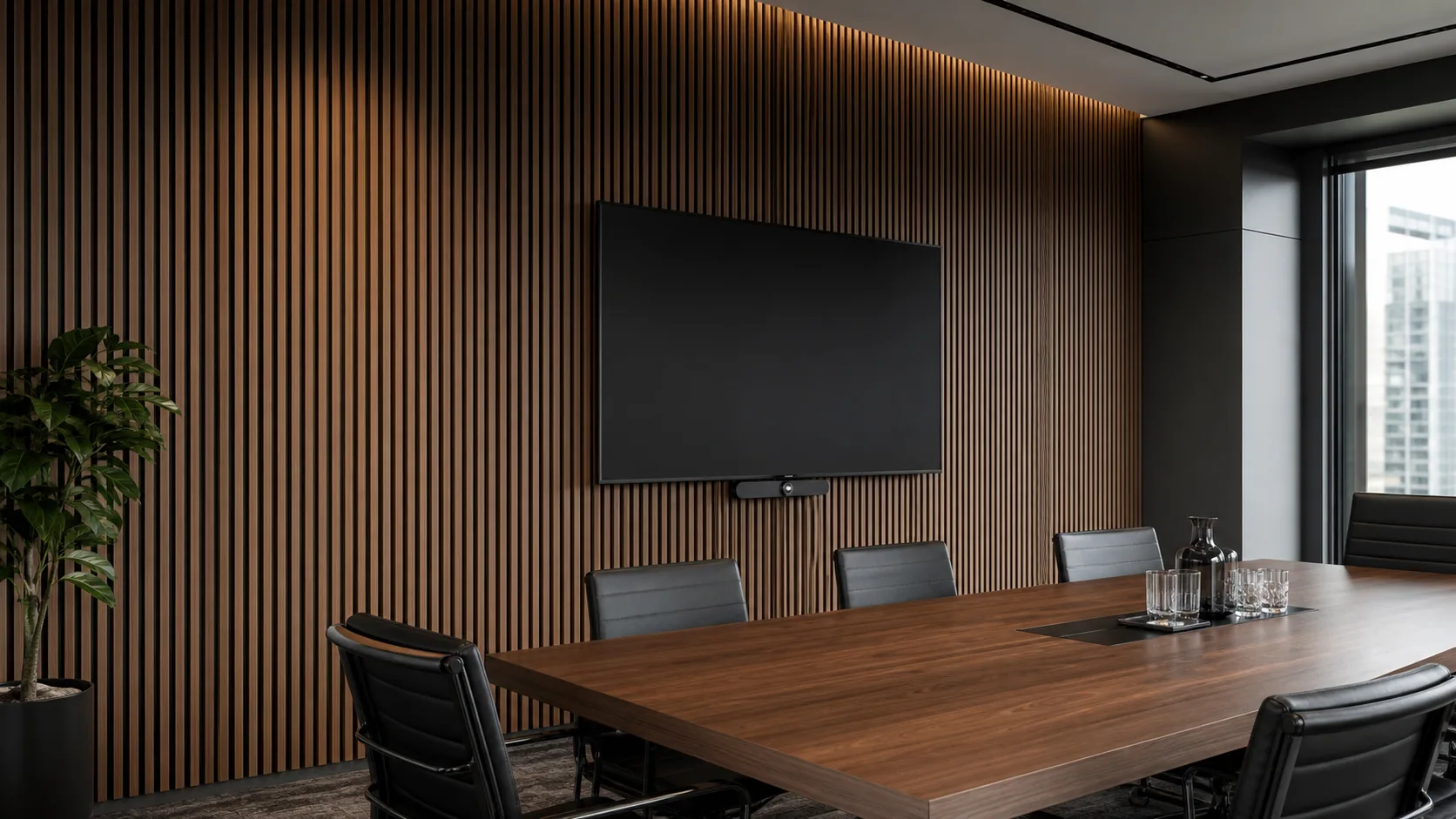 Executive boardroom with a walnut grooved wood acoustic panel wall