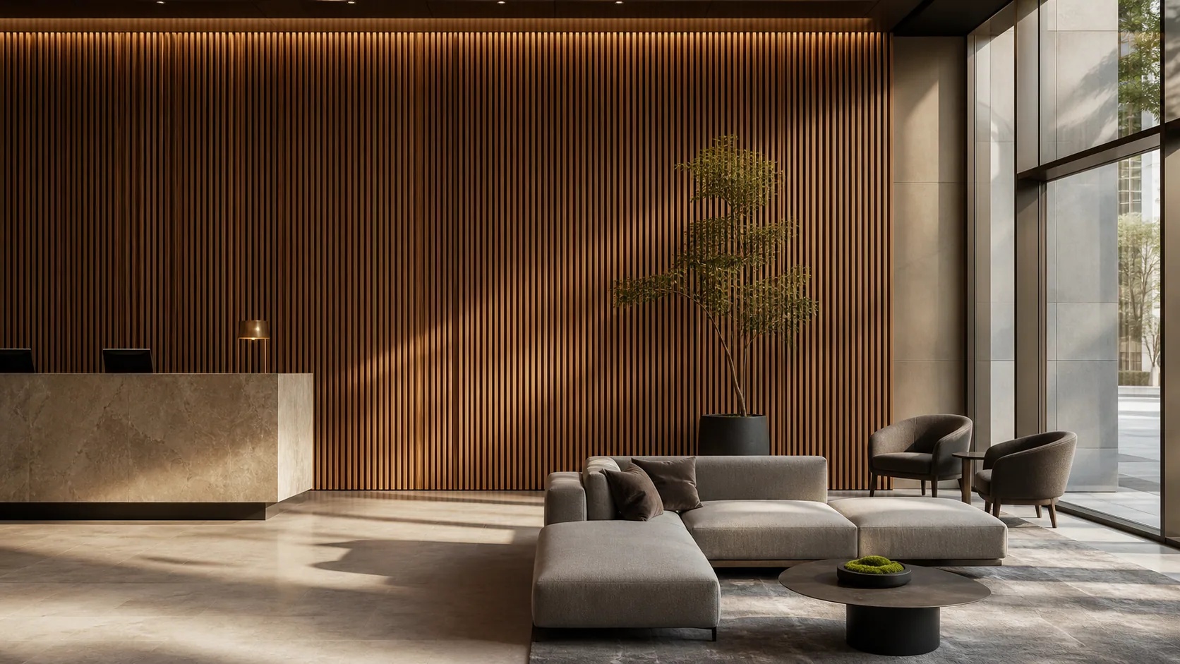 Premium hotel lobby with a full-height grooved timber acoustic feature wall