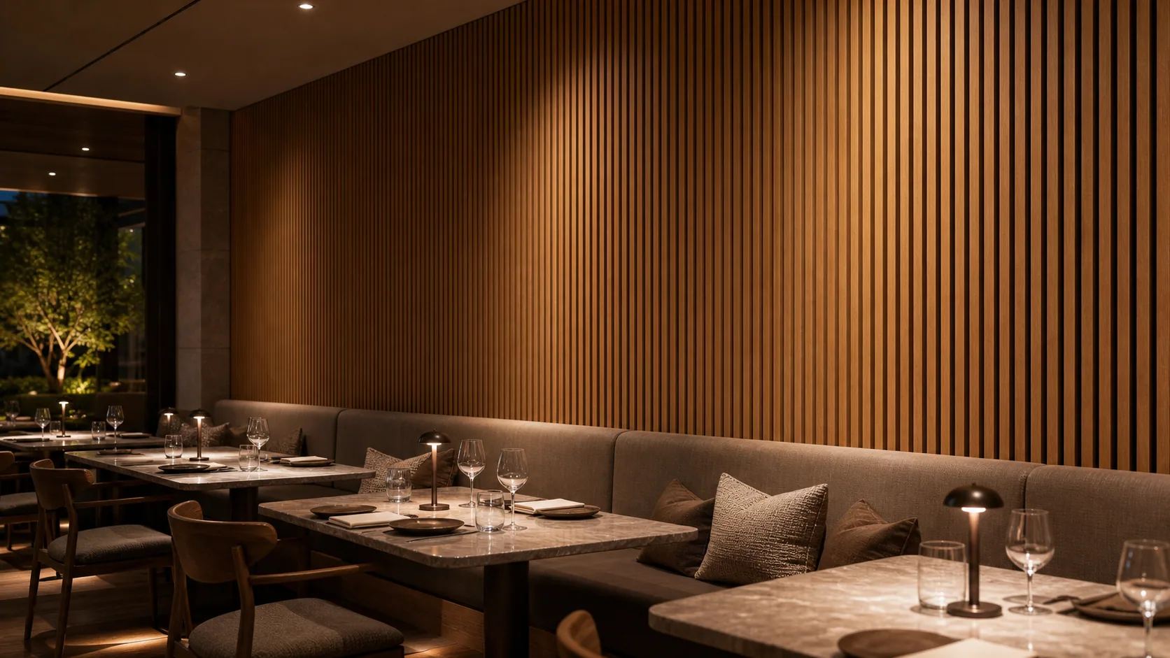 Hotel restaurant with warm grooved timber panels behind banquette seating