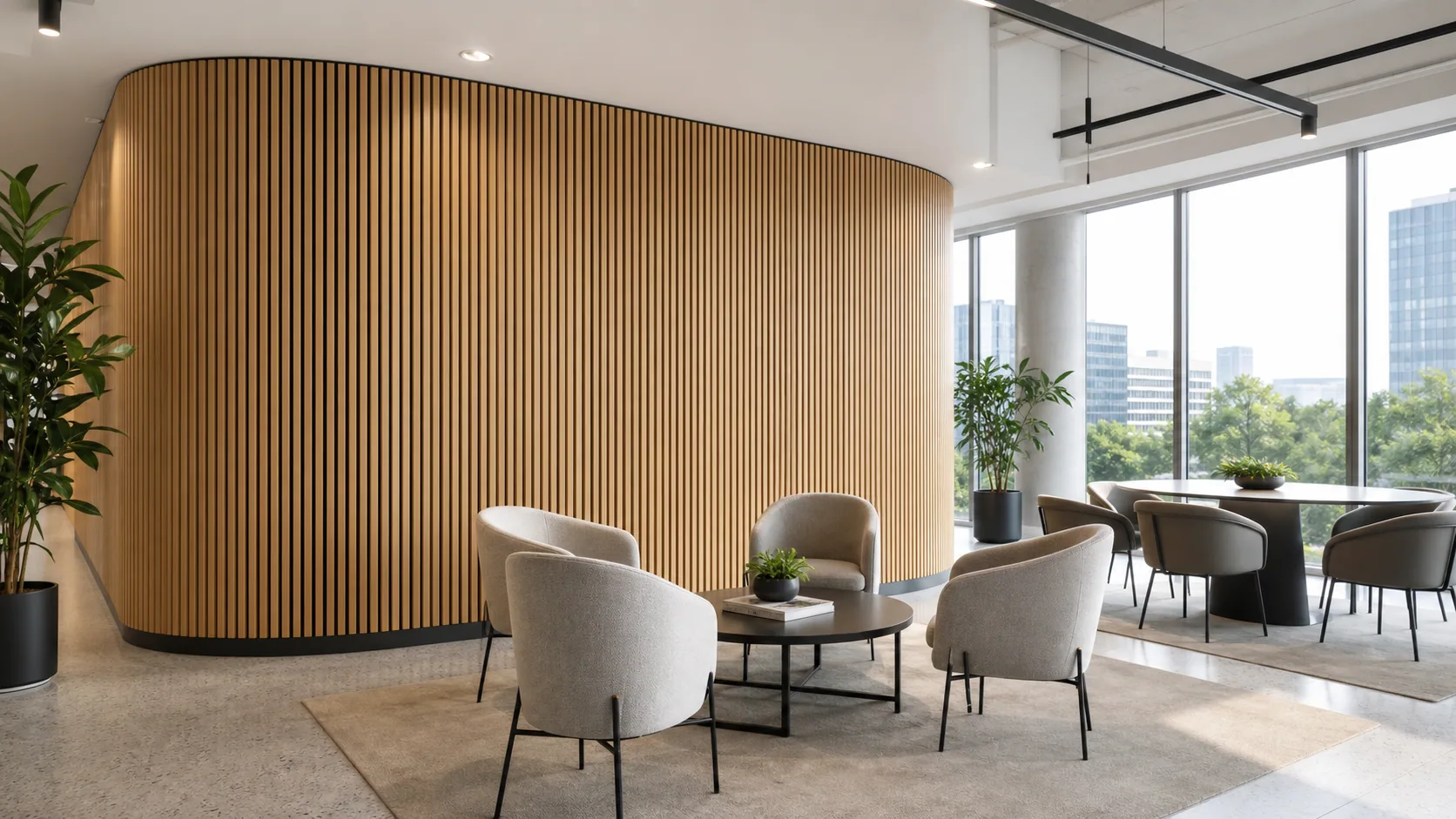 Contemporary workplace lounge with a light oak grooved acoustic feature wall