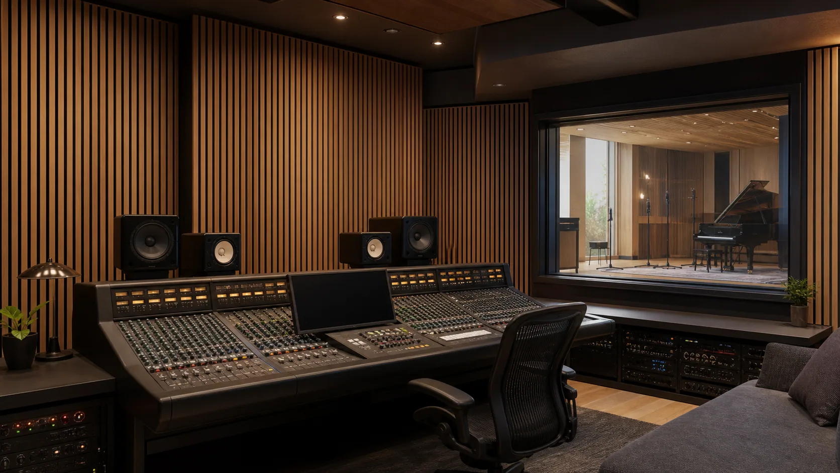 Professional recording studio control room with grooved wood acoustic wall panels