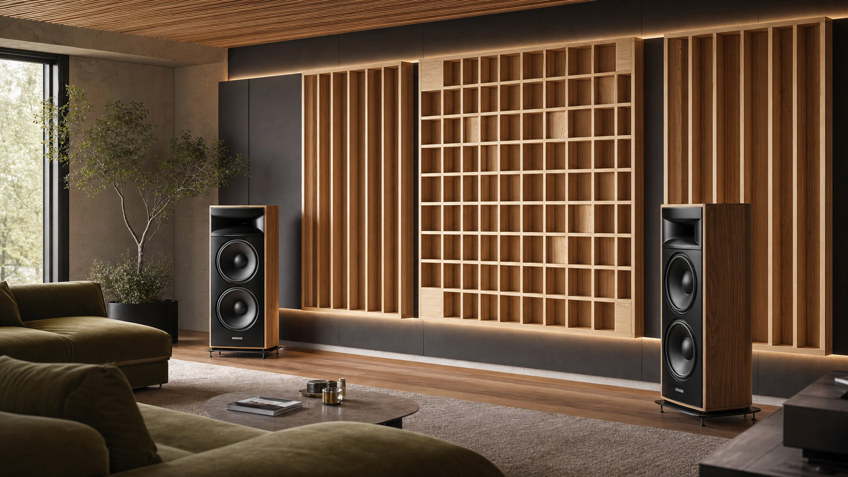 Listening room with solid wood QRD acoustic diffuser panels