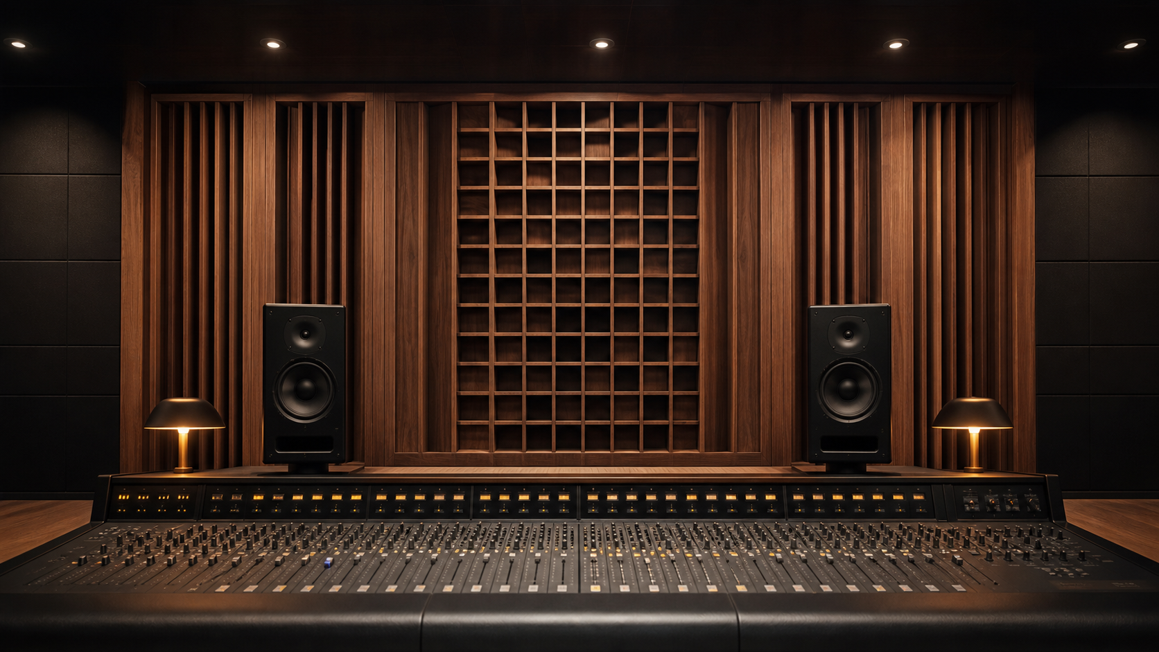 Mixing control room with solid wood QRD acoustic diffuser panels