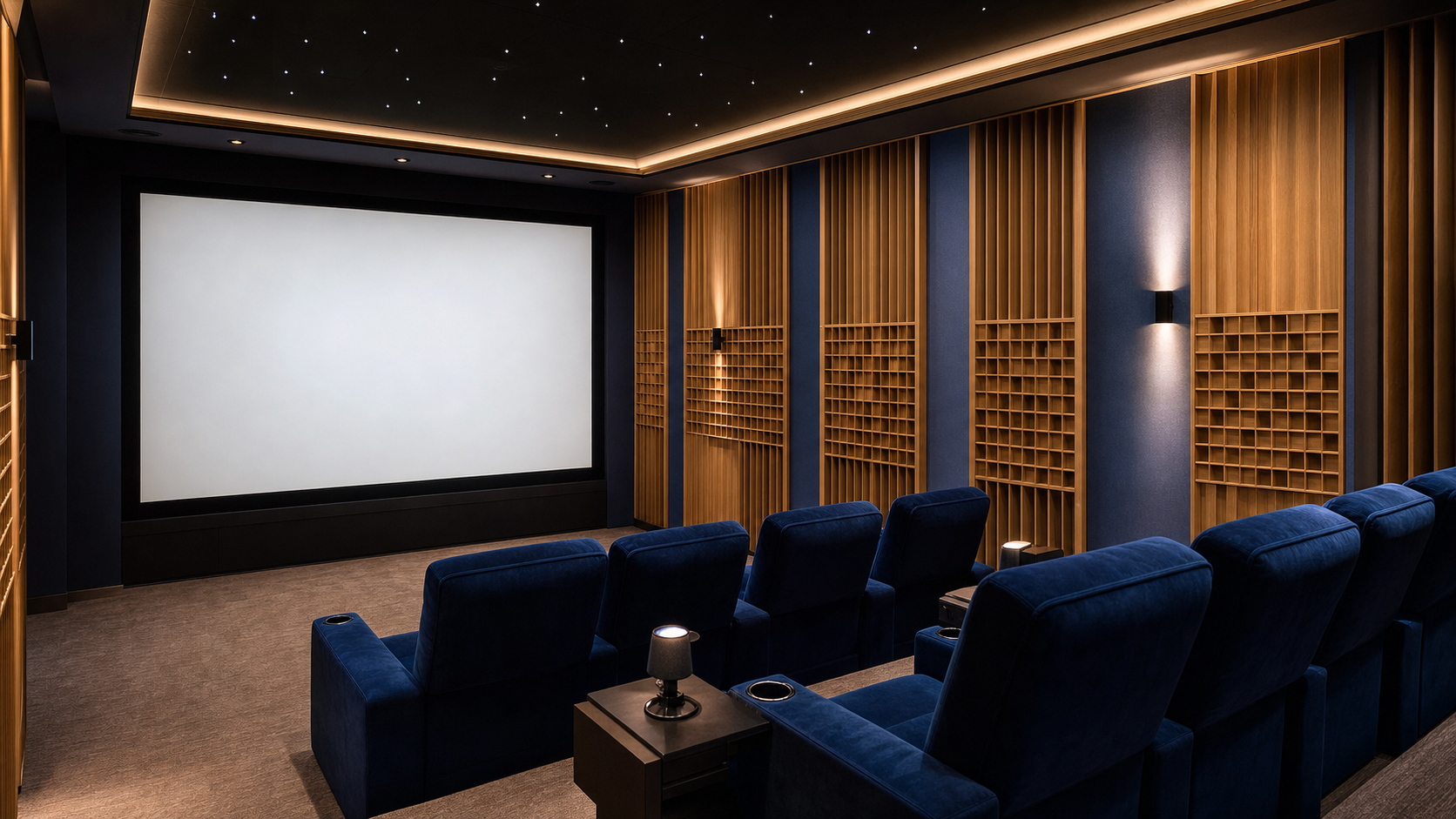 Home cinema with solid wood QRD acoustic diffuser panels