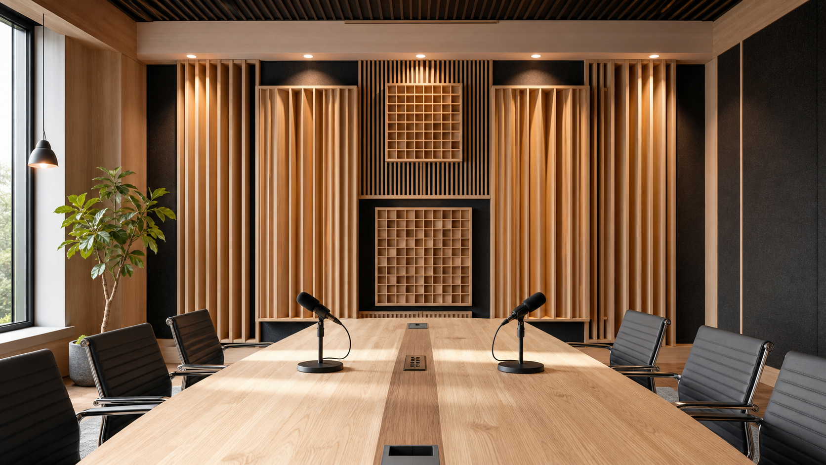 Conference and podcast room with solid wood QRD acoustic diffuser panels