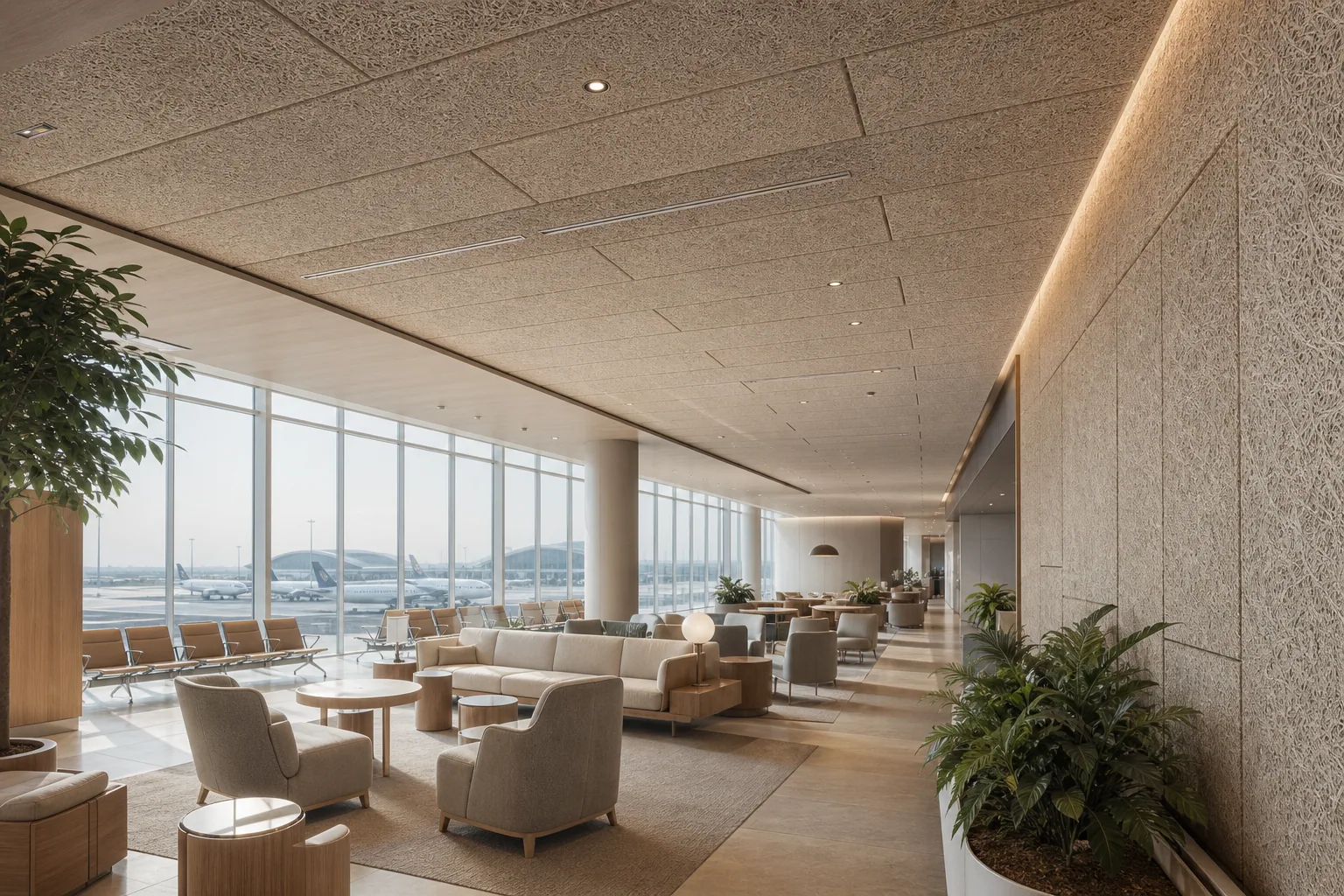 Airport lounge with suspended wood wool acoustic ceiling rafts