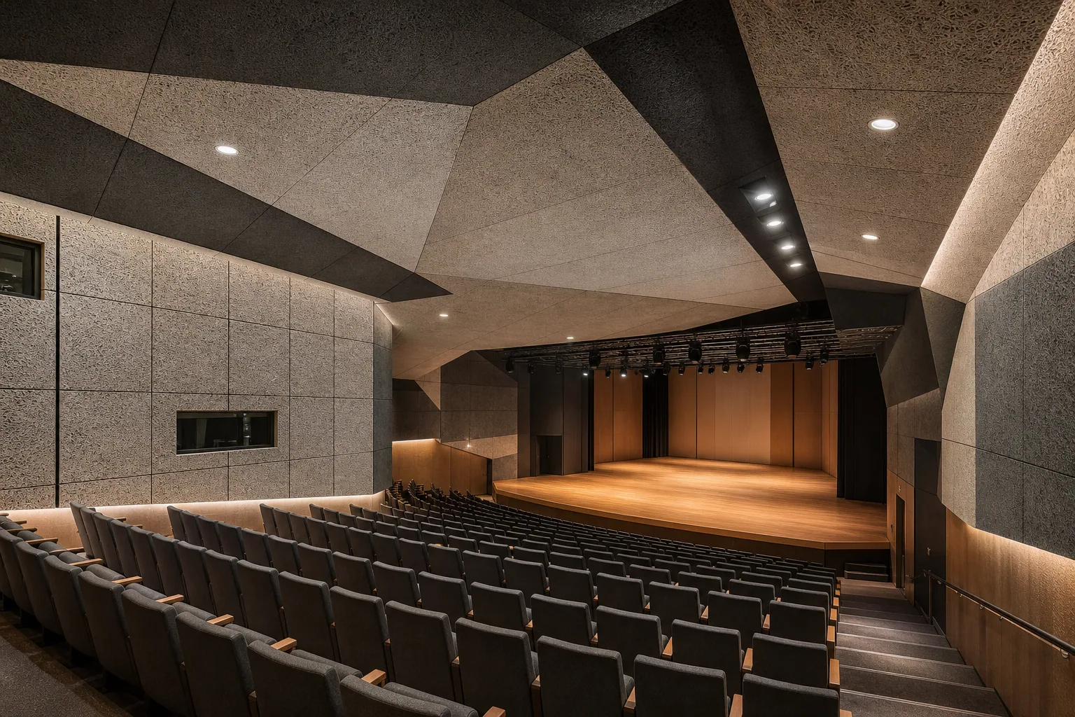 Performing arts auditorium with natural wood wool acoustic wall panels