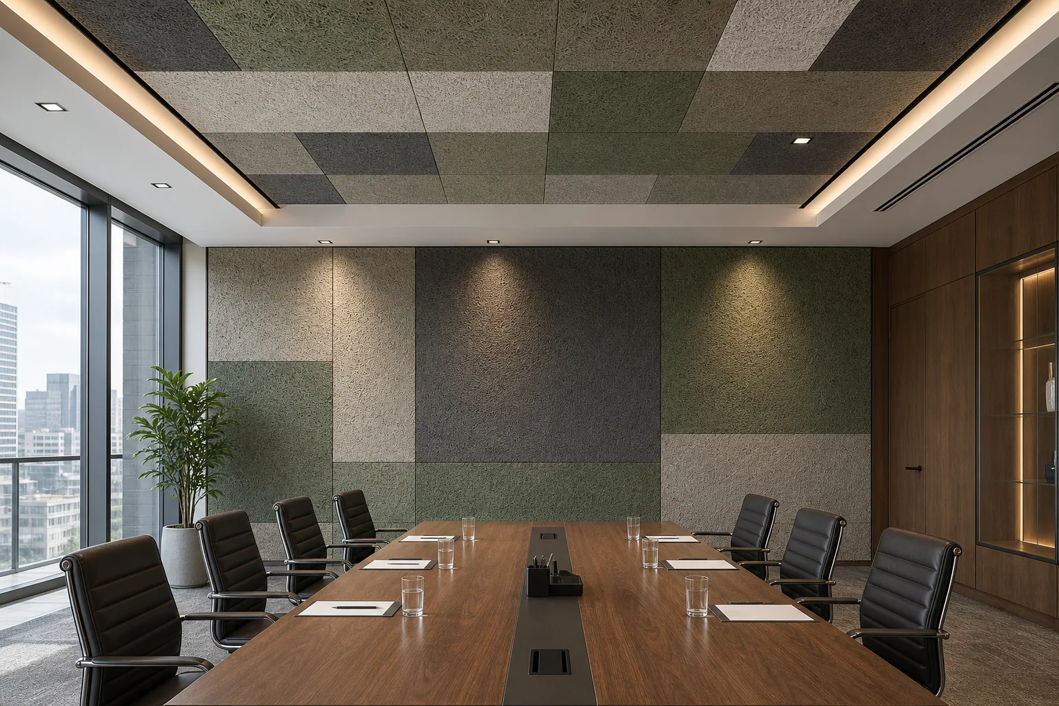 Executive boardroom with natural wood wool acoustic wall and ceiling panels