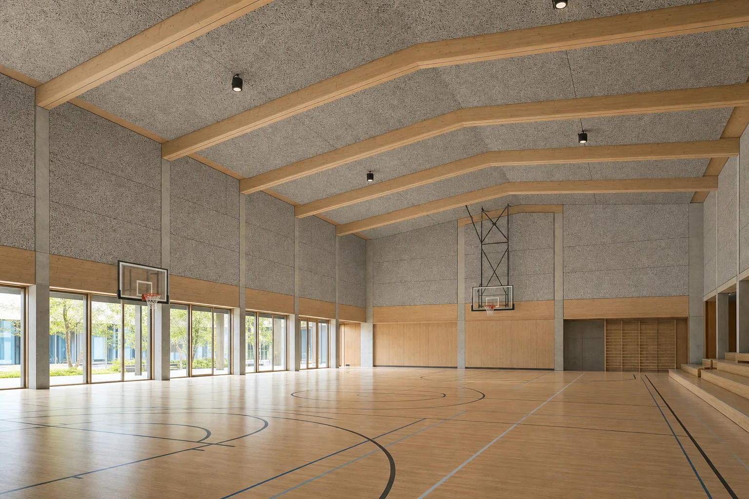Indoor sports hall with coloured wood wool acoustic wall panels