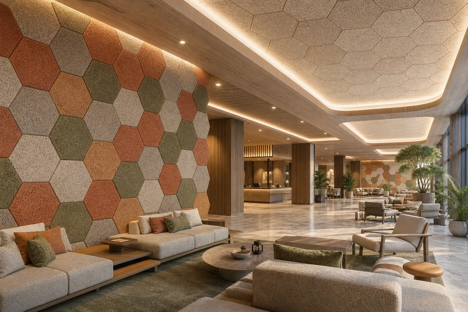 Hotel lobby with coloured hexagonal wood wool acoustic panels