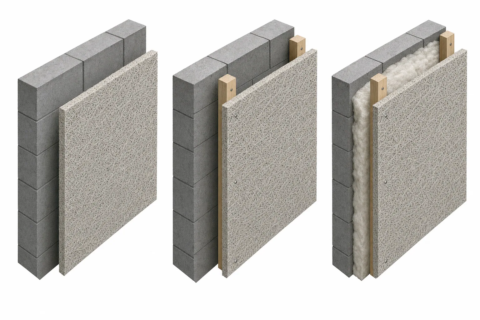 Isometric installation diagram showing direct fixed battened cavity and acoustic infill wood wool panel systems