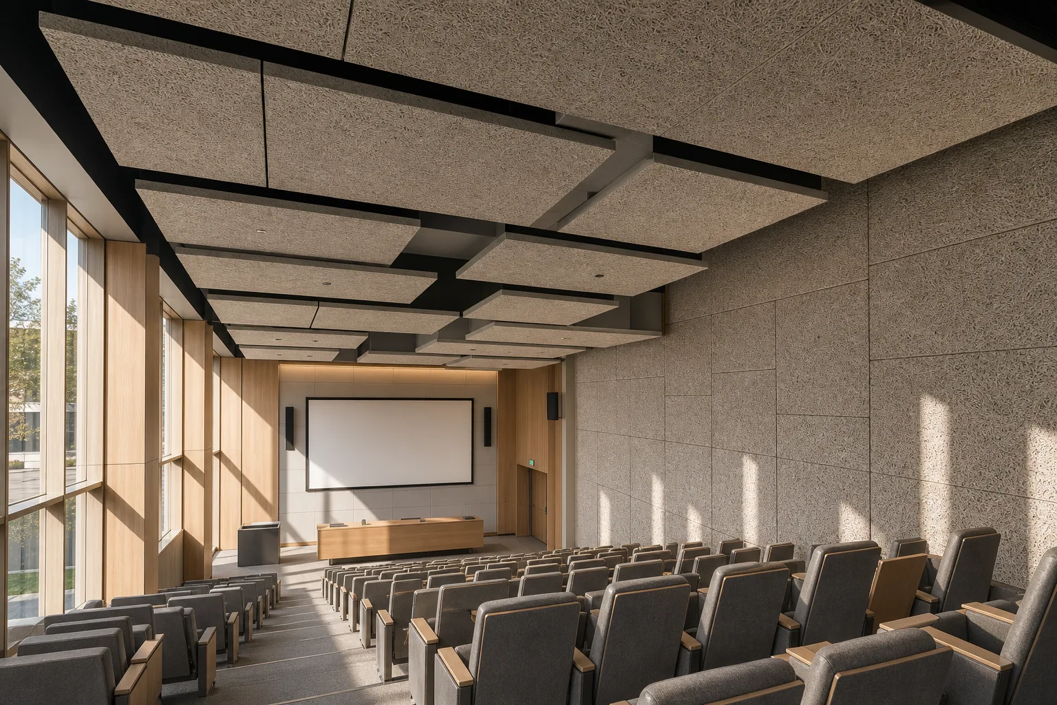 University lecture hall with ochre wood wool acoustic wall panels