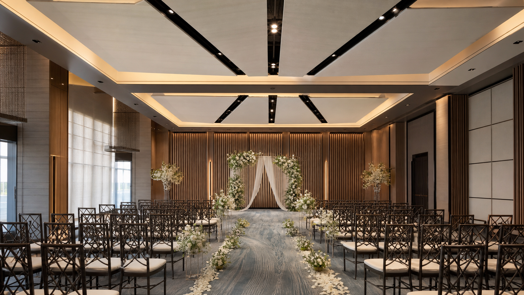 Hotel ballroom in wedding ceremony configuration