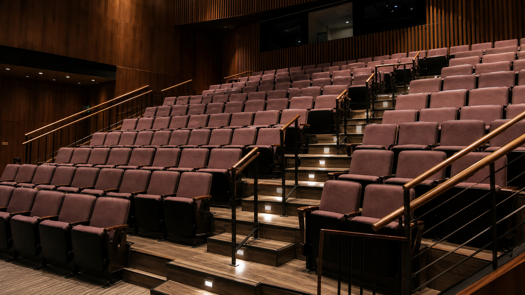 Raked theatre seating and cross aisles